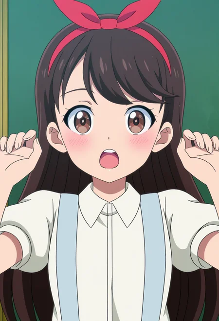 <lora:Anju-000030:1>,
Anju,solo,open mouth,short sleeves,white shirt,hairband,blush,upper body,looking at viewer,red hairband,anime coloring,bow hairband,collared shirt,suspenders,:o,bow,hands up,teeth,upper teeth only,red bow,puffy sleeves