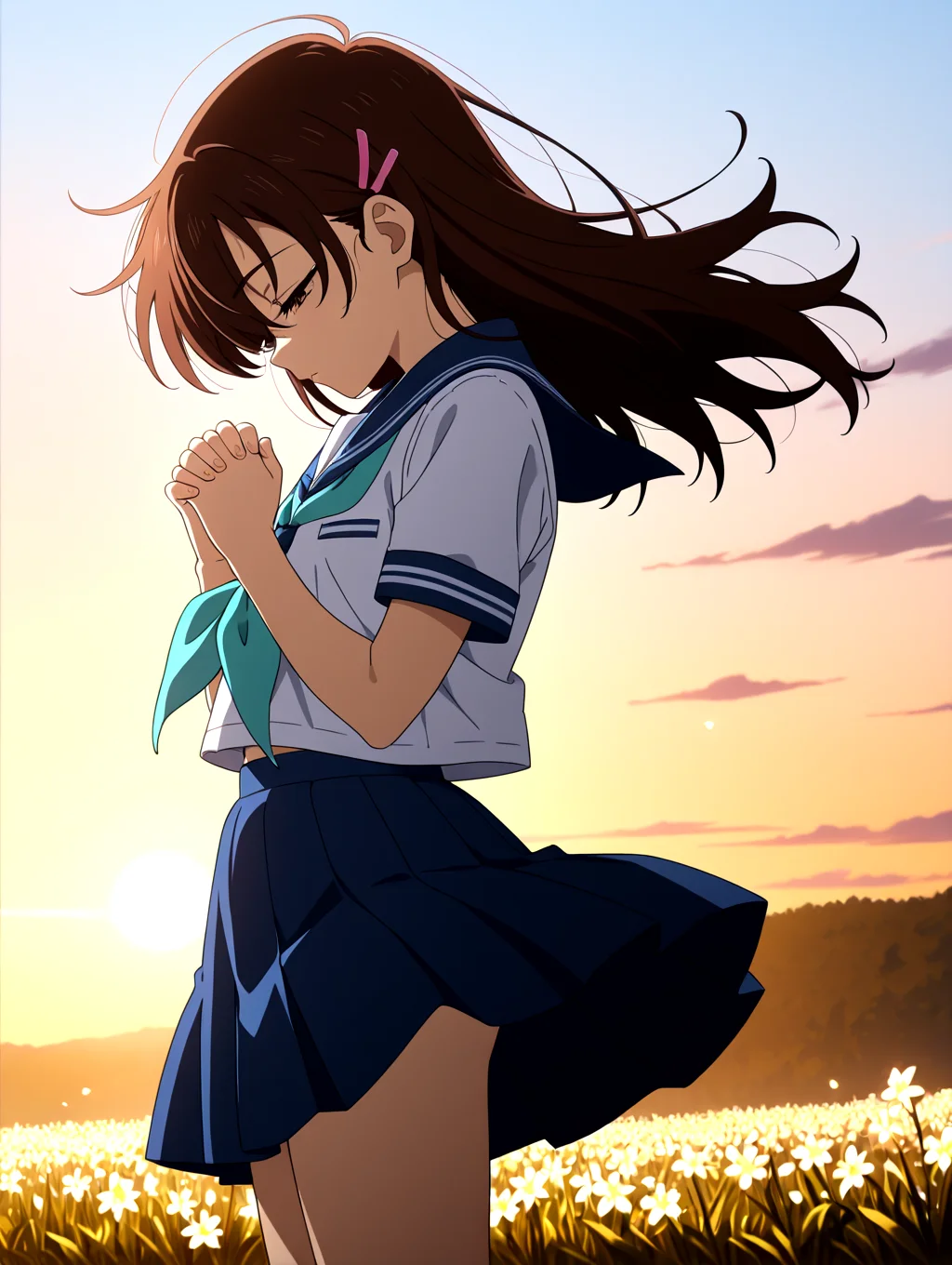 masterpiece,best quality,newest,absurdres,highres,detailed eyes,beautiful,detailed background,perfect eyes,anime coloring,anime screencap,white background,
nsfw,explicit,<lora:add-detail-xl:1>,<lora:ponyv4_noob1_2_adamW-000017:0.8>,wear clothes,
flower(narcissu),sunset,wind lift,narcissu_petals,mid_shot,head down,praying,from side,interlocked fingers, gloom,half-closed eyes,
<lora:IL-SETSUMI-10:1>,narcissu,il-setsumi_sakura,brown hair,brown eyes,school uniform,long hair,white serafuku,pink hairclip,blue skirt,aqua neckerchief,age down,blue sailor collar,