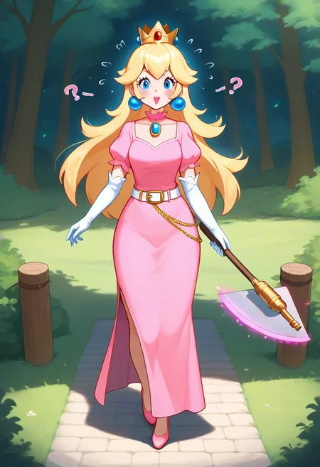 score_9,score_8_up,score_7_up,score_6_up,score_5_up,1girl, (princess_peach),mario_(series),(blonde_hair),blue_eyes,thick lips,glowing eyes,(wide hips),(thick thighs),curvy,happy,(blush stickers),tongue,pink dress,puffy shoulders,flower accesories, gold crown,gold belt,(long hair),(hand sign),white gloves,hair acccessories,holding wooden hammer,Jed-StickyN,belt,bullet belt,potion bottles,(bomb:1.4),lace pink dress,one-piece dress, long skirt,(gun case),CHRC4ND7,(forest),dress made of paper,(jewelry made of candies),(weapons made of paper),thick lips, wooden hut in the background,armory near forest,stone path, (motion lines:1.4),(trembling lines:1.4),(steamy breath),(flying sweatdrops:1.4),(clouds,stone bridge,statues made of paper), deep background,bracalet,gold necklace,mole,(??:1.4),origami, masterpiece,best quality,newest,absurdres,best shadow,light particles,4k,highly detailed background,amazing quality,very detailed clothes,highly detailed skin,wooden fence,umbrella, emphasis lines,very aesthetic,dynamic angle,high quality,gun, best shadows,spoken star,elbow gloves,<lora:add-detail-xl:2>