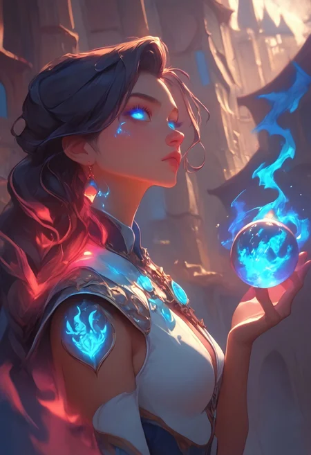 score_9, score_8_up, score_7_up, upscale 2x,(A cinematic shot of a beautiful witch with purple stylish hair, purple glowing eyes, standing with her back against the camera, looking over her shoulder, wearing a blue purple and white magical bodysuit with rich details, holding a blue burning fire orb in one hand, blue fire around her:1.2), hkmagic, Fuchsia, Dreamscape Style, Glowing Style