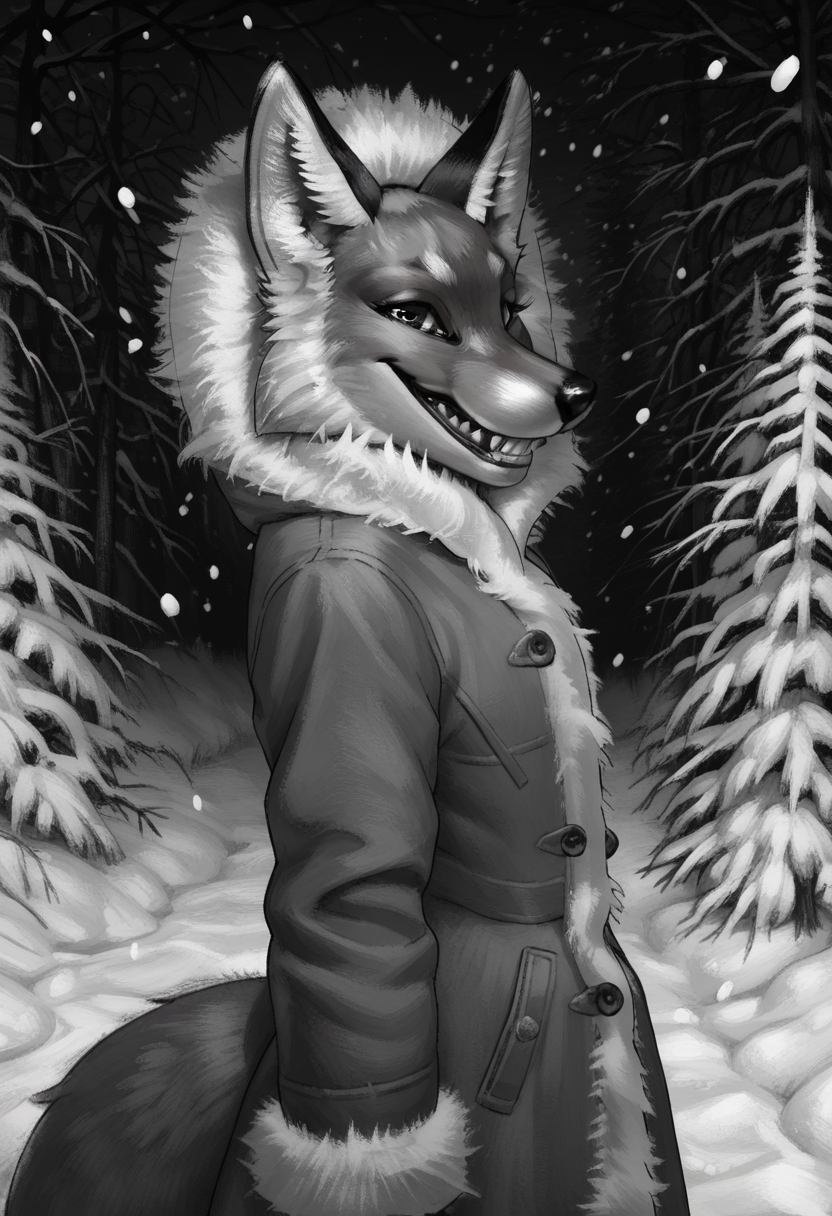 Graphic Design, greyscale, monochrome, intricate details, high contrast, detailed background, beautiful detailed, beautiful face, detailed eyes, detailed face, new, z41ch1k, furry, fox, winter clothes, coat, fur trim, sharp teeth, grin, tail, forest, night, winter, snow, snowing, from side, looking at viewer, dynamic pose, (masterpiece, best quality, newest, recent, absurdres), 