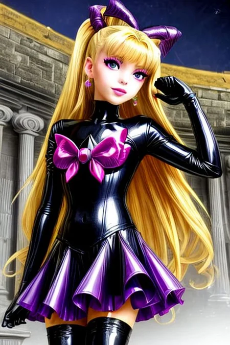 blonde evil corrupted young princess wearing dark pastel (ruffled:1) (gleaming latex:1) EvlSM DarkPrecure Bad_End_Precure gown with (long latex cape:1) and latex elbow bridal gauntlets, (Perfect Face:1), soft lighting, glossy red lips, ruffles,
<lora:more_details:1>