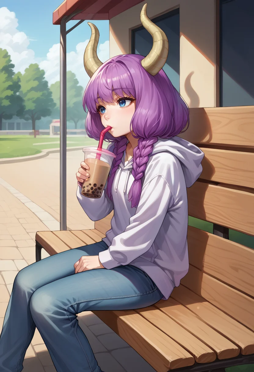 score_9, score_8_up, source_anime, 1girl, solo, AuraFrieren, purple hair, blue eyes, horns, long hair, twin braids, hoodie, jeans, outdoors, sitting, on bench, drinking, sipping, straw, bubble tea, <lora:ChamAuraPonyXL:1>