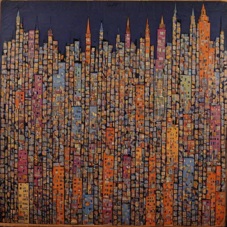 colorful cityscape at night, french textile pattern