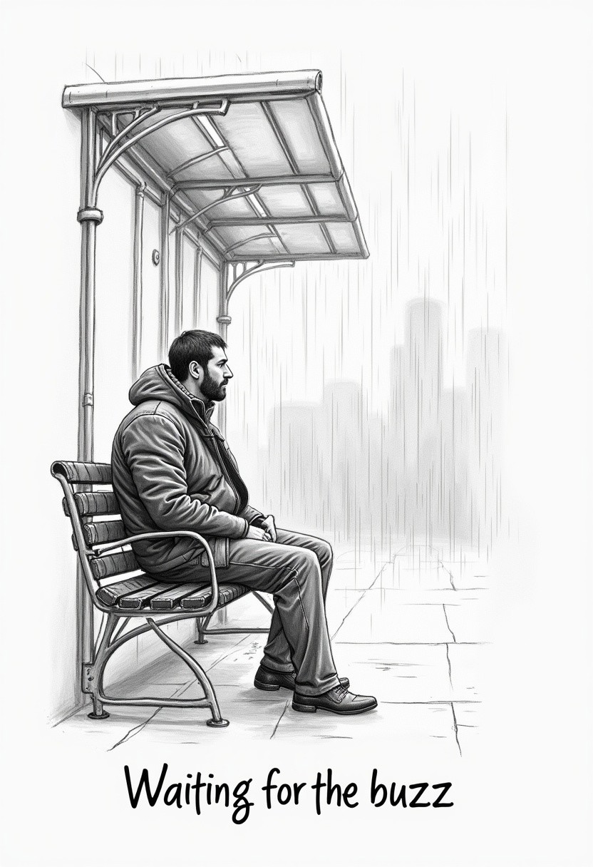 detailed drawing of a man sitting at the bus station, rainy day, windy, text in the lower center of the picture "Waiting for the buzz", sketch, pencil drawing