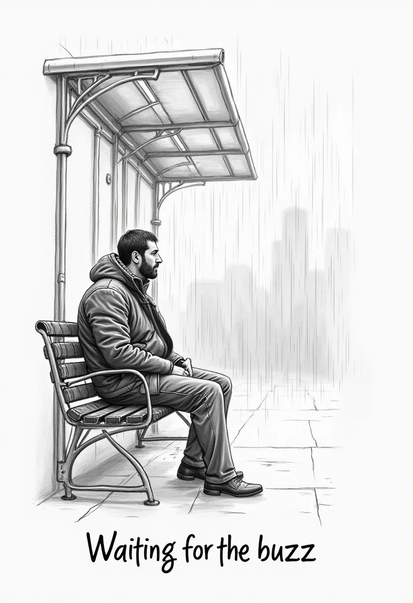 detailed drawing of a man sitting at the bus station, rainy day, windy, text in the lower center of the picture "Waiting for the buzz", sketch, pencil drawing