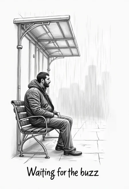 detailed drawing of a man sitting at the bus station, rainy day, windy, text in the lower center of the picture "Waiting for the buzz", sketch, pencil drawing