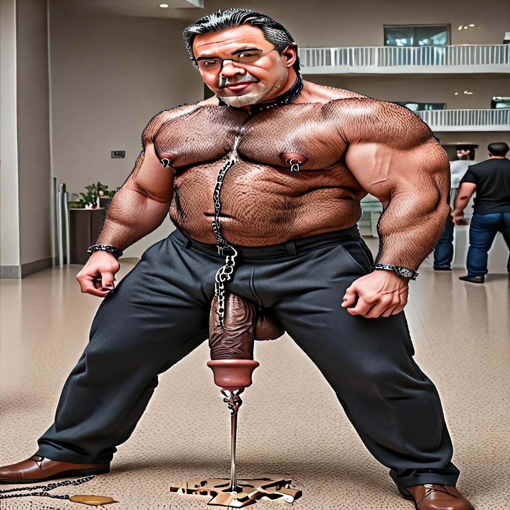 chinese, hairy, thick pubic hair,  married mature grandfather, with a group of extremely hairy beefy construction workers bodybuilders at a mall,  facing the viewer with thick hairy pubes and musclegut while his (pants unzipped), looking at  viewer while playing with the (large padlock Prince Albert piercing his peehole) penis glans and showing off his very large fully erect equinecock he only have one penis replaced by a horsepenis in a special surgery, and on his nipples are thick metal nipple piercings.  they are inserting chain into his peehole urethra Hyper penis, beefy broad shoulders,