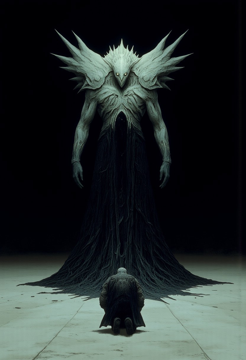 closeup of a man kneeling in front of a Monster Boss resembling an ethereal three-eyed raven
Set against a solid dark black color background to emphasize its unsettling unnatural form that emphasizes its silhouette. The medium is not a traditional painting or illustrative medium like watercolor or ink but rather a digital 3D rendering.
MikeFranchinastyle, d4artstyle, d4concept, , bbstyle,, horror theme,, zbrush, ZBClay model of a gray sculpture, 1990's, 1990's style