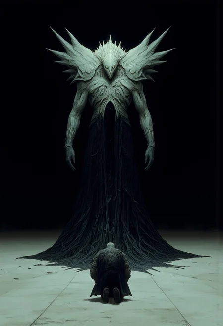 closeup of a man kneeling in front of a Monster Boss resembling an ethereal three-eyed raven
Set against a solid dark black color background to emphasize its unsettling unnatural form that emphasizes its silhouette. The medium is not a traditional painting or illustrative medium like watercolor or ink but rather a digital 3D rendering.
MikeFranchinastyle, d4artstyle, d4concept, , bbstyle,, horror theme,, zbrush, ZBClay model of a gray sculpture, 1990's, 1990's style
