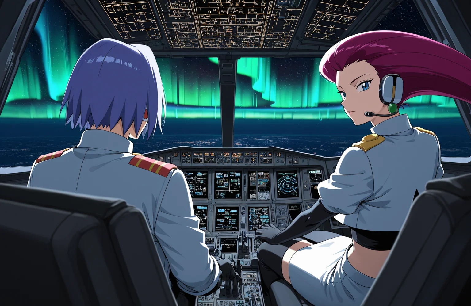 anime coloring,
<lora:[Concept - IL] A380 Cockpit (R2E10):0.7> a380cockpit,
1boy, 1girl,
james \(pokemon\), jessie \(pokemon\),
looking back, looking at viewer, facing away,
navigation display,
overhead panel,
thrust lever,
sitting, seat,
pilot uniform, headset,
indoors,
from behind, 
night, aurora borealis, starry sky, outer space, upper atmosphere, curved horizon, earth, space station,
best quality, masterpiece,