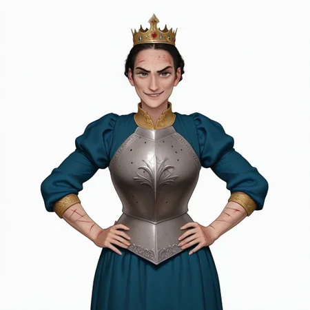 1girl, black hair, solo, short hair, noblewoman, posh dress, crown, hands on hips, standing, badass scars, smirk, looking at viewer, white background, armour, medieval