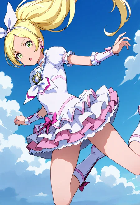 masterpiece, best quality, absurdres, very aesthetic, general,
cure rhythm, 1girl, solo, blonde hair, green eyes, white choker, knee boots, brooch, white skirt, frilled skirt, layered skirt, petticoat, wrist cuffs, eyelashes, cloud, hair ribbon, hairband, pink bow, flying, day, jumping, ponytail, open mouth, knee boots, white footwear, cross-laced footwear, earrings, very long hair, serious, white dress, puffy sleeves, :o, looking at viewer, falling, blue sky, hair bow, single braid, anime coloring
<lora:cure_rhythm_minamino_kanade_illustXL_locon_v1:0.7>