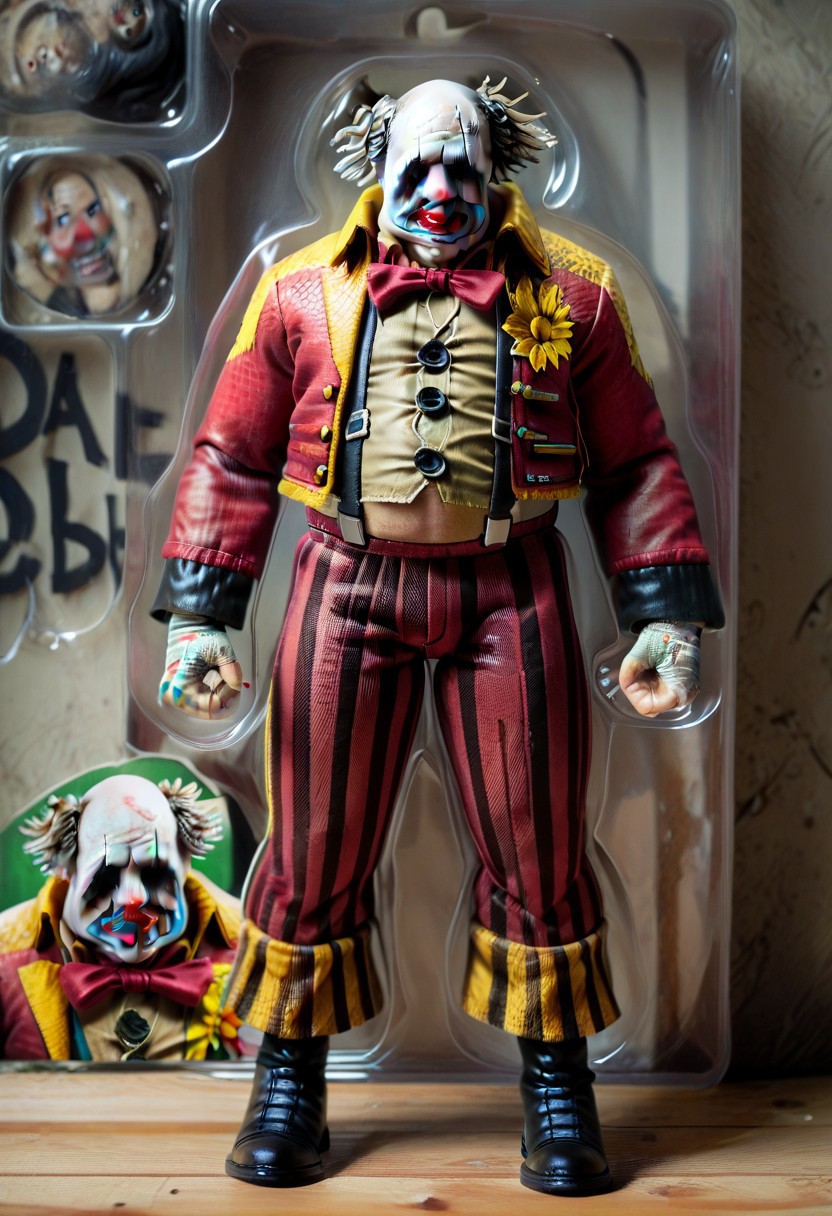 score_9, score_8_up, score_7_up, toy packaging, action figure, 1boy, dbd_clown, facepaint, clown jacket, suspender, black boots, striped pants, fat,