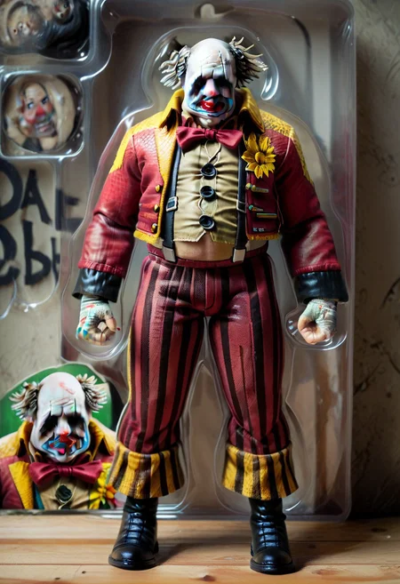 score_9, score_8_up, score_7_up, toy packaging, action figure, 1boy, dbd_clown, facepaint, clown jacket, suspender, black boots, striped pants, fat,