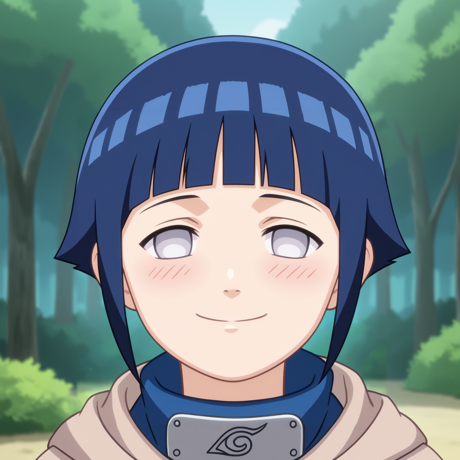 score_9, score_8_up,source_anime,
 <lora:HinaGeninXL:1>,short hair, dark blue hair, no pupils, 1girl, blunt bangs, shiny hair, grey eyes, hoodie, solo, hood down,, looking at viewer, blush,  smile,konohagakure symbol, forehead protector,portrait, close up, 
outdoors, forest,
anime screencap, anime coloring,