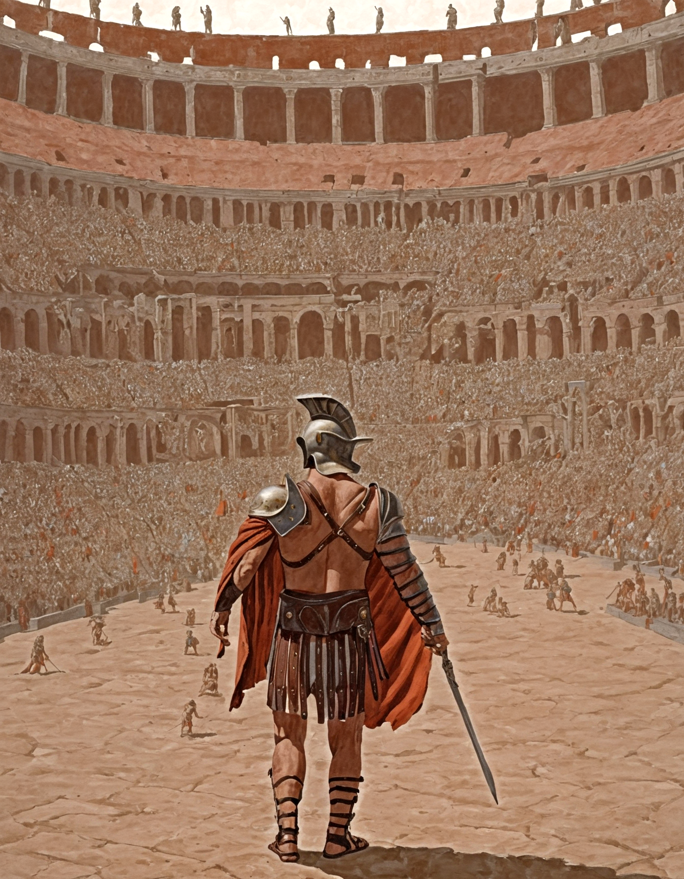 gladiator from the side, in a crowded colosseum, rome, victrory, ,gladiator_style, illustration,exterm detailed, painting, detailed background,