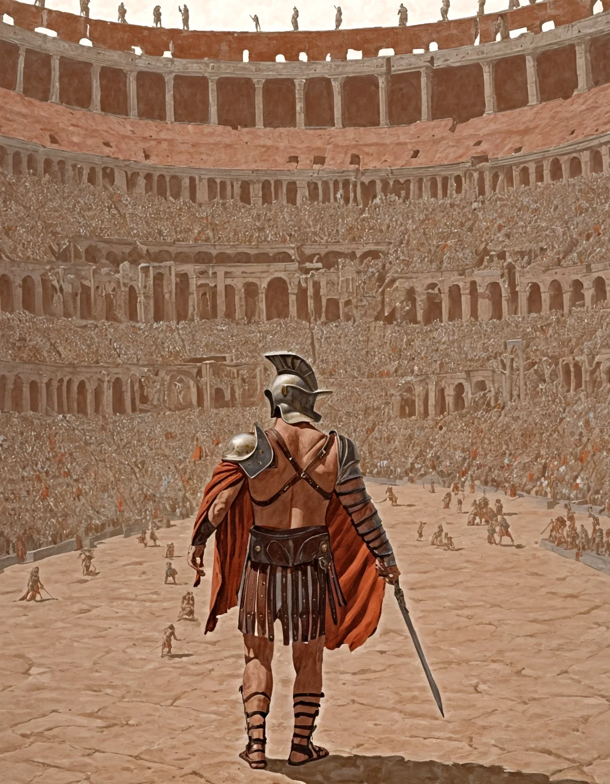 gladiator from the side, in a crowded colosseum, rome, victrory, ,gladiator_style, illustration,exterm detailed, painting, detailed background,