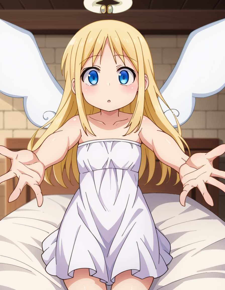 score_9, score_8_up, score_7_up, source_anime,
crimvael, <lora:crimvael-ponyxl-lora-nochekaiser:1>
crimvael, long hair, blue eyes, blonde hair,
dress, bare shoulders, collarbone, wings, white dress, strapless, halo, strapless dress, angel wings, white wings, angel,
indoors, bed, bed room, on back, arm support, arms up, incoming hug, pov, reaching, reaching towards viewer,
looking at viewer, dutch angle, cowboy shot,