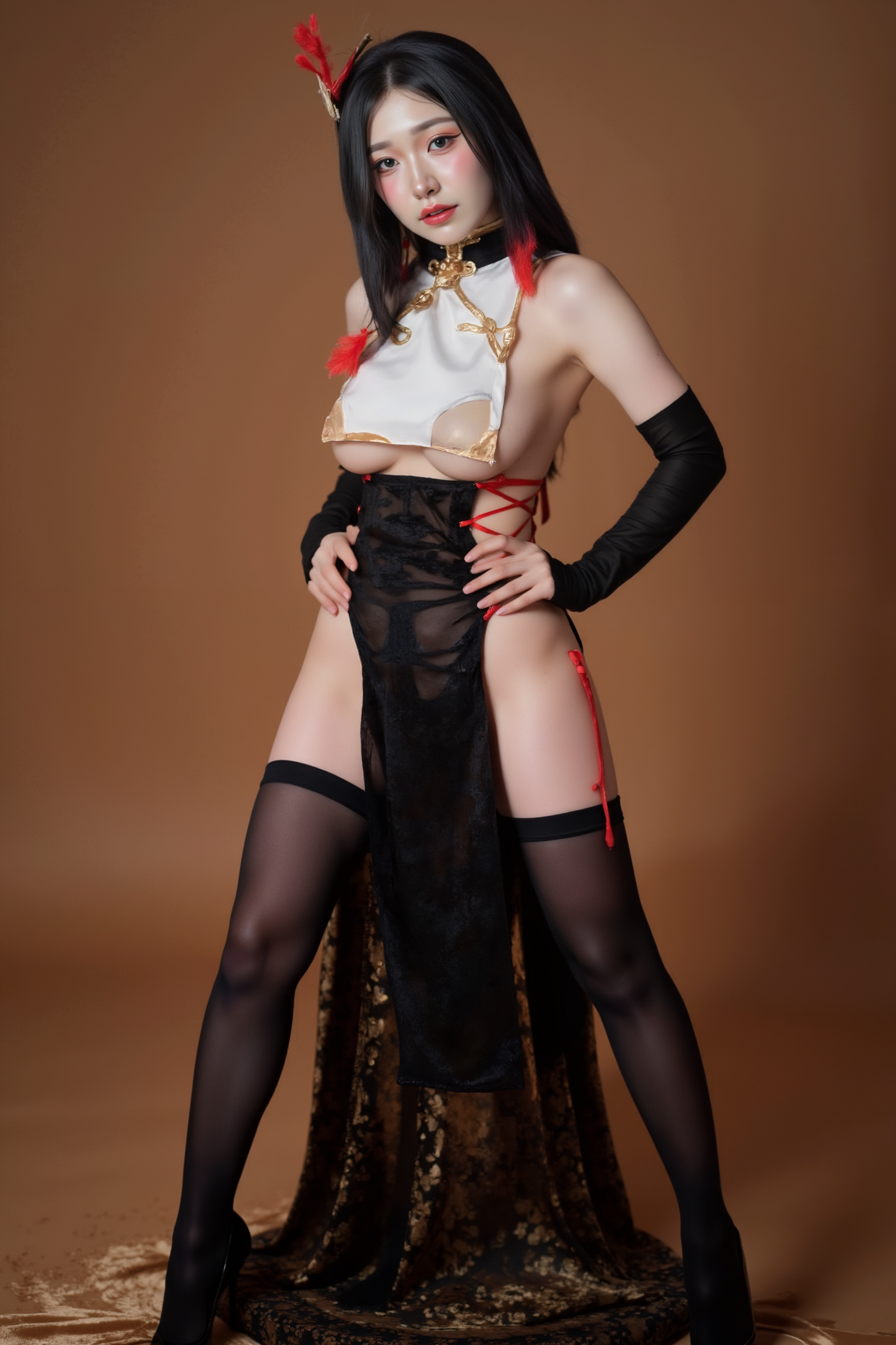A professional, high-resolution image of a young woman is posed standing in a natural S-curve in the body silhouette. This classic posing technique creates visual interest and a sense of elegance.

She is wearing a black and white SGWN85Clothing. Her makeup is dramatic, with dark eyeliner and bold, glossy pink lips. 

The lighting features a high-contrast, monochromatic white color scheme that creates a moody, intimate atmosphere. 

The photography technique uses what appears to be soft lighting to create a glamorous effect, with careful attention to highlighting contours while maintaining the dominant light brown color scheme throughout the frame.

The overall aesthetic combines elements of fashion photography, traditional Asian visual motifs, and contemporary boudoir styling. The dramatic light brown lighting creates a cohesive visual theme that ties all elements of the composition together.

The white light emit on her to show her feature.