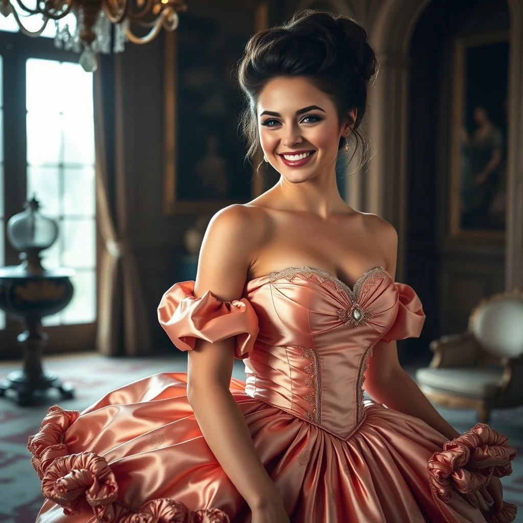 realistic photo, beautiful lighting, , beautiful english woman, updo hair, wearing shiny satin ornate victorian hoop dress, in ballroom of mansion, smiling, happy, hoopdress