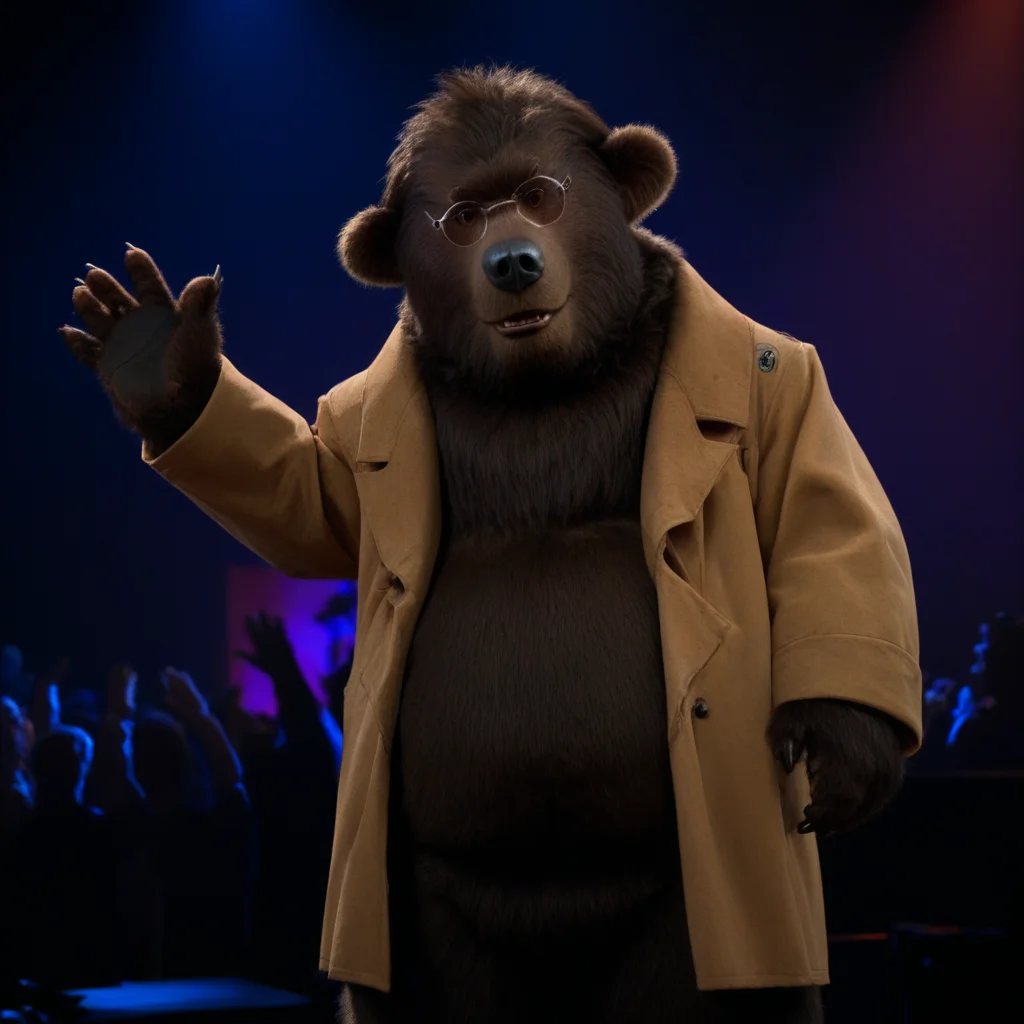 ted bedderhead, big bear, tall, dark brown fur, belly, standing tall, glasses, black nose, wearing coat, waving to viewer, in a concert hall, mountains in background