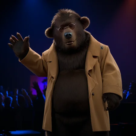 ted bedderhead, big bear, tall, dark brown fur, belly, standing tall, glasses, black nose, wearing coat, waving to viewer, in a concert hall, mountains in background