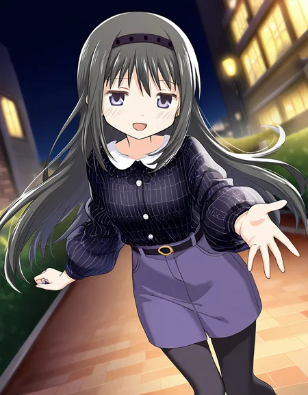 masterpiece, best quality, newest, absurdres, highres, safe, 1girl, akemi homura \(casual costume\), magia record: mahou shoujo madoka magica gaiden, pantyhose, smile, open mouth, solo, night, outdoors, dutch angle, <lora:20241226152250_akemi_homura_noobaiXLNAIXL_vPred10Version:0.7>