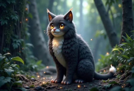 A magnificent dark grey cat with white chest and white feet, sitting upright in the jungle, intricate detail, matte painting, ambient light, elegant, graceful, illustration, ambient light Art Deco meets Henri Roussouw Niji, qkqmokt, anime illustration