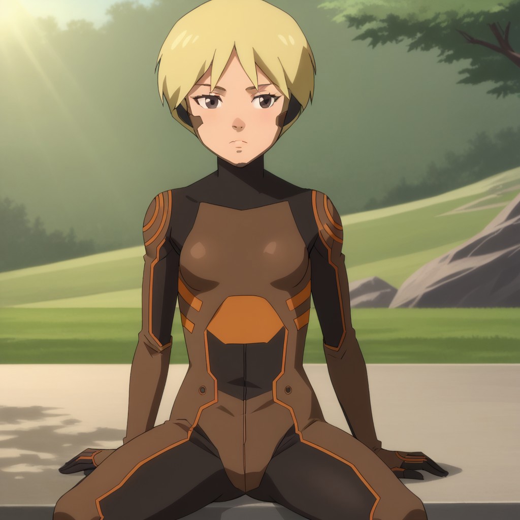 score_9, solo, terra_yj, blonde hair, short hair, brown eyes, bodysuit, small breasts, outdoors, sitting, natural lighting