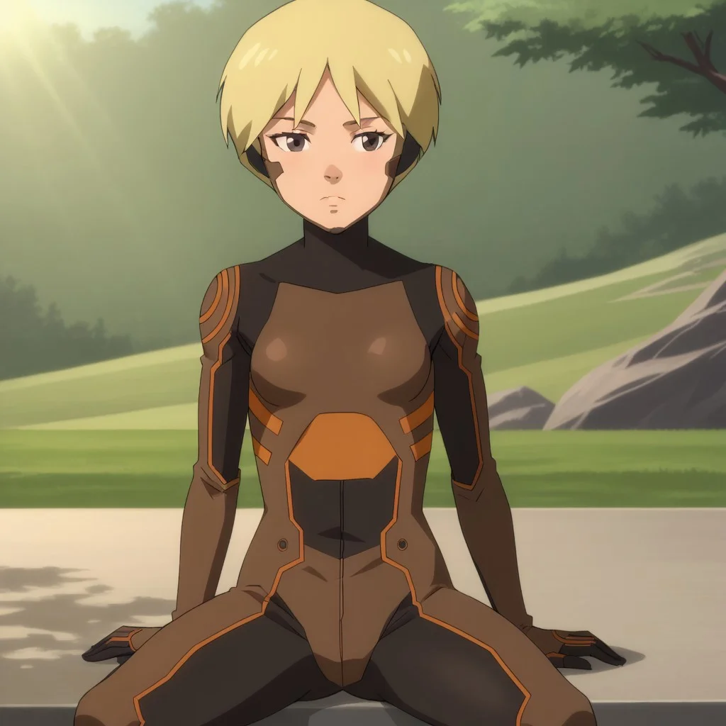 score_9, solo, terra_yj, blonde hair, short hair, brown eyes, bodysuit, small breasts, outdoors, sitting, natural lighting
