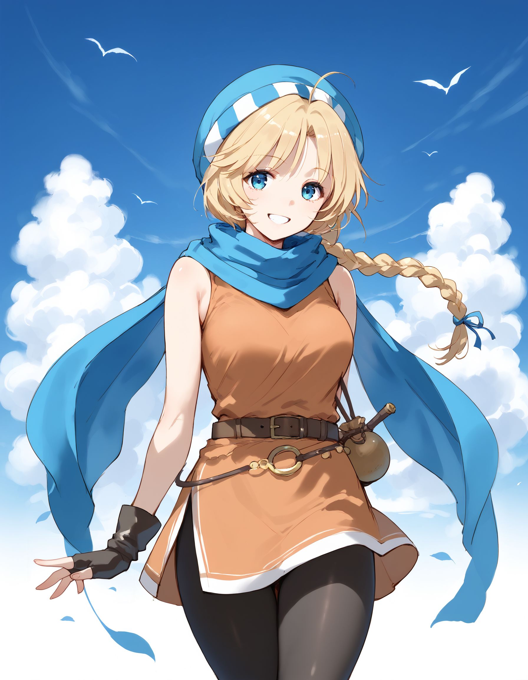 score_9, score_8_up, score_7_up, score_6_up, BREAK source_anime, best quality, masterpiece,
1girl,<lora:patty fehPonyXL:0.8>,patty feh,hat,scarf,fingerless gloves,orange dress,belt,belt pouch,pantyhose,cowboy shot,standing,smile,looking at viewer