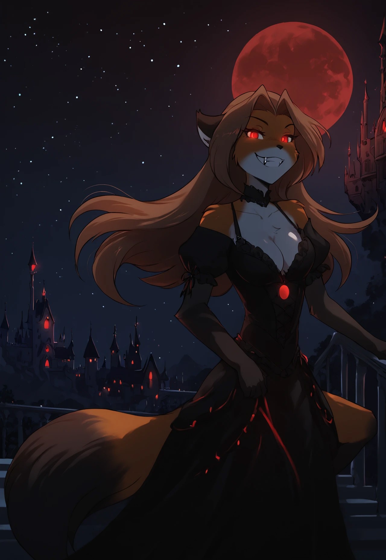 safe_pos, score_9, score_8_up, score_7_up, masterpiece, best quality, good quality, highly detailed, absurdres, dark theme, low light, Expressiveh, detailed background, night time, night sky, stars, red moon, gothic castle, balcony, 1 girl, solo, laura-twokinds, anthro, fox tail, red eyes, glowing eyes, black gothic dress, cleavage, looking at viewer, grin, fangs