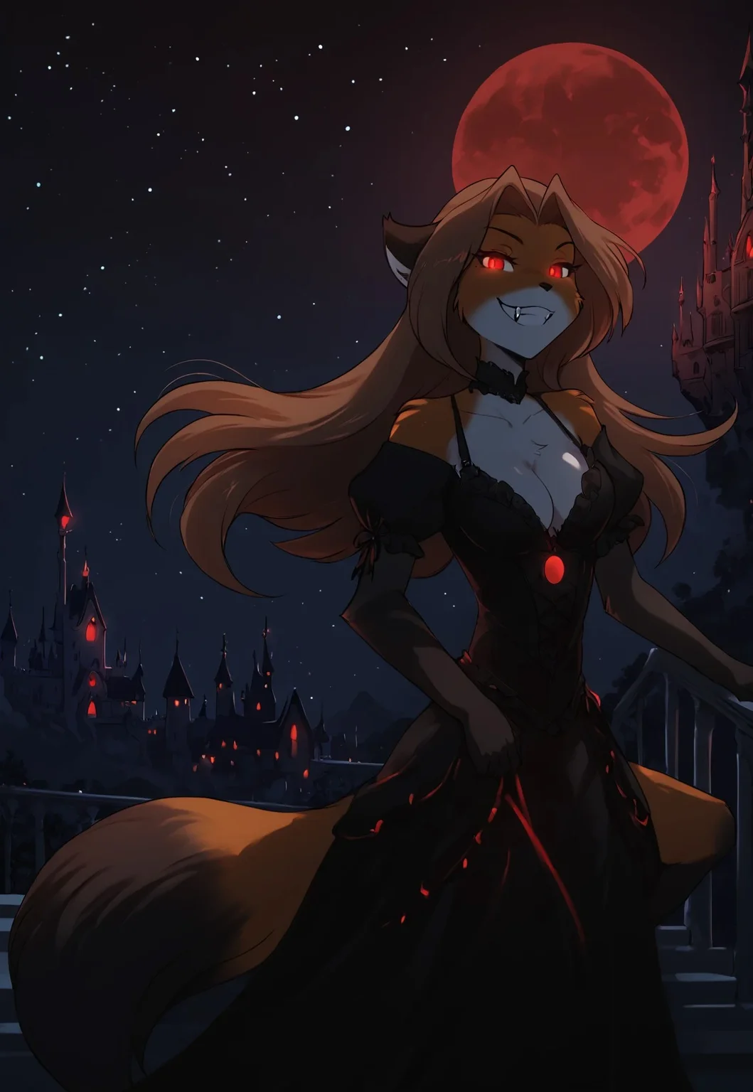 safe_pos, score_9, score_8_up, score_7_up, masterpiece, best quality, good quality, highly detailed, absurdres, dark theme, low light, Expressiveh, detailed background, night time, night sky, stars, red moon, gothic castle, balcony, 1 girl, solo, laura-twokinds, anthro, fox tail, red eyes, glowing eyes, black gothic dress, cleavage, looking at viewer, grin, fangs