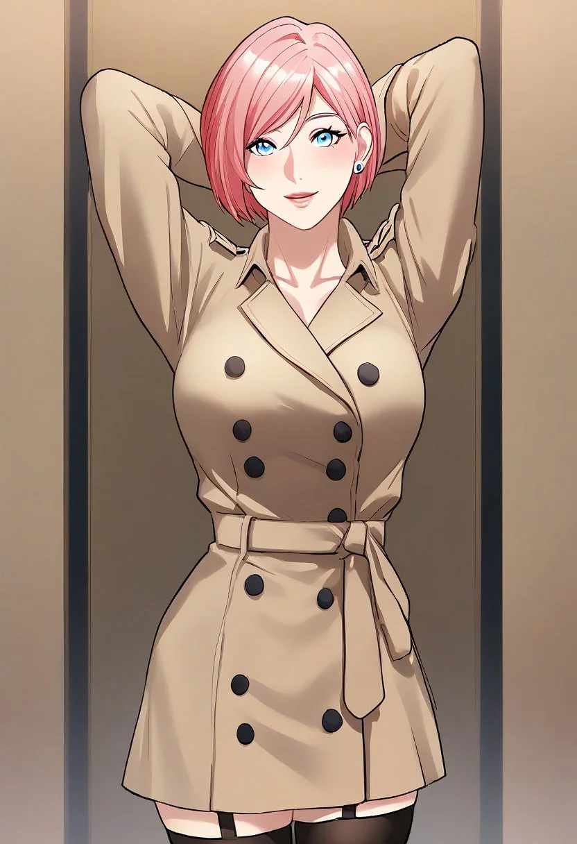score_9, score_8_up, score_7_up, ASCII masterpiece, source_anime, BREAK, 1girl, solo, (( <lora:jung_da-bin:1> , jung_da-bin, thin waist, wide hips, beautiful skin, piercing light blue eyes, clear eyes, bright pupils, beautiful eyes, beautiful pink hair, beautiful short hair, bangs, big and shaggy breasts, natural beauty, extraordinary beautiful woman, attractive woman, super sexy woman, lustful body, sexy woman with seductive obscene body, sensual body, voluptuous body, sexy beauty, no piercings, no piercing, )) , ((beige trench coat, black lace thighhighs, )) , looking at viewer, sexy pose, cowboy shot, seducative smile, sexy, hands behind head,