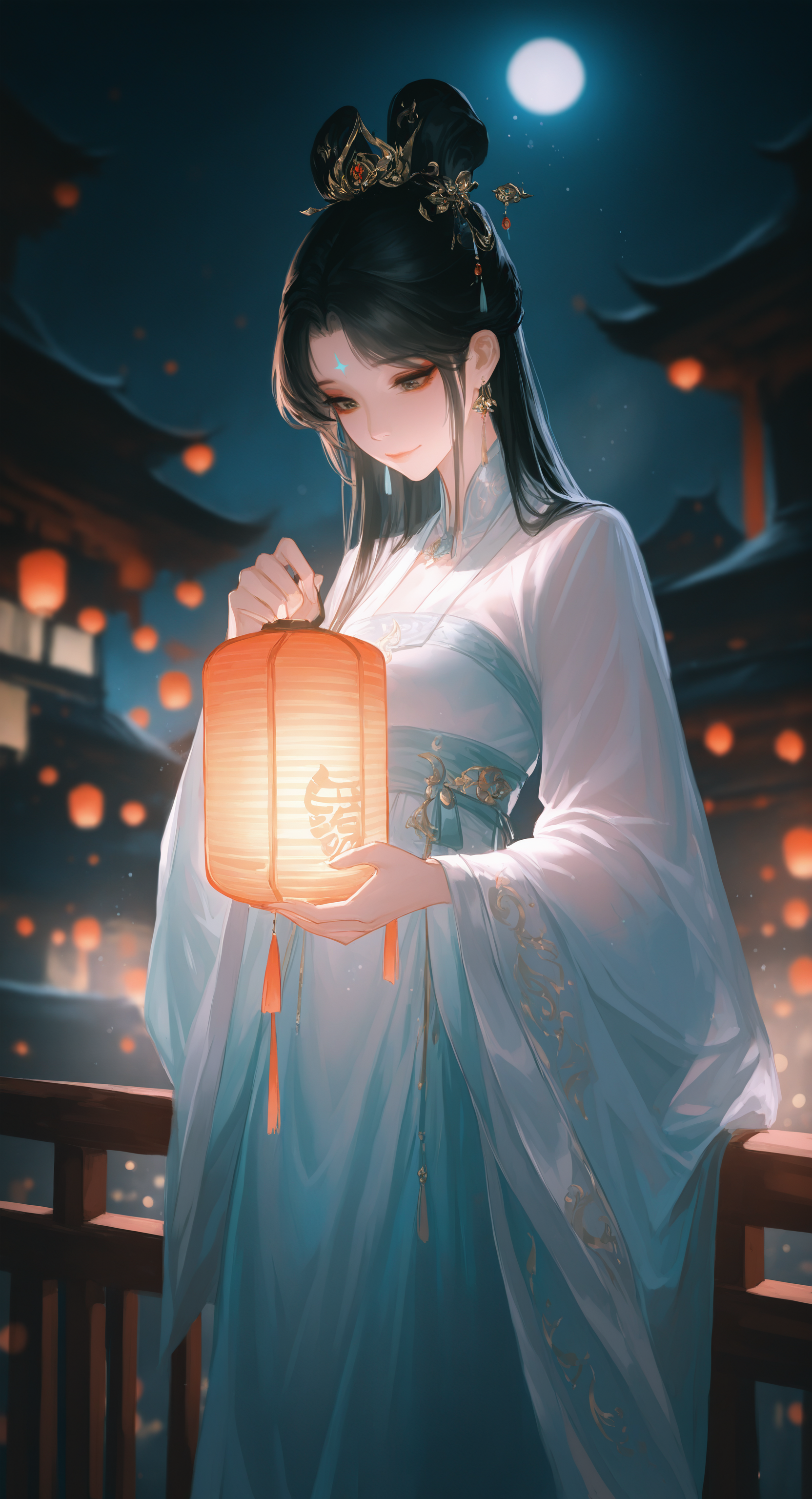 masterpiece, best quality, good quality, very aesthetic, absurdres, newest, 1girl, solo, hanfu, long hair, black hair, long sleeves, hair ornament, dress, holding, closed mouth, jewelry, outdoors, earrings, wide sleeves, hair bun, blurry, blurry background, night, chinese clothes, see-through,facial mark, looking down, moon, tassel, night sky, light particles, full moon, lantern, forehead mark, railing, architecture, east asian architecture, paper lantern, holding lantern,happy, Bright Festive Holiday Lights Lighting, <lora:ponyv5_noobV065S_1_adamW-000013:0.7> <lora:USNR_STYLE_XL_lokr:0.45> <lora:EtherSDXL:0.15>