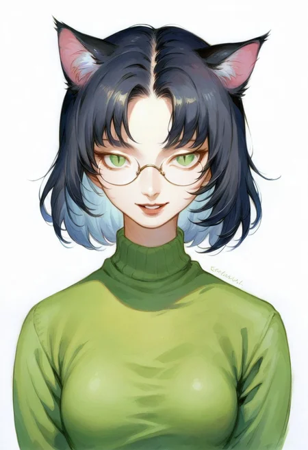 score_9, score_8_up, score_7_up, score_6_up, 1girl, solo, simple background, looking at viewer, cat ears, animal ears, black hair, medium hair, straight hair, bangs, black cat tail, green eyes, slit pupils, small breasts, round rimless glasses, parted lips, smile, green sweater, traditional media, watercolor, sketch,