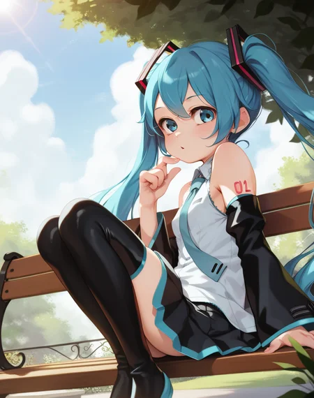 score_9, score_8_up, score_7_up,score_6_up,score_5_up,score_4_up, rating_questionable, rating_safe, source_anime BREAK a girl sitting on a park bench, blue sky, sun, hatsune miku, black skirt, looking at viewer, thighhighs, detached sleeves, dutch angle,
<lora:alke_style_xl_pony_v1:.8> by alkemanubis,