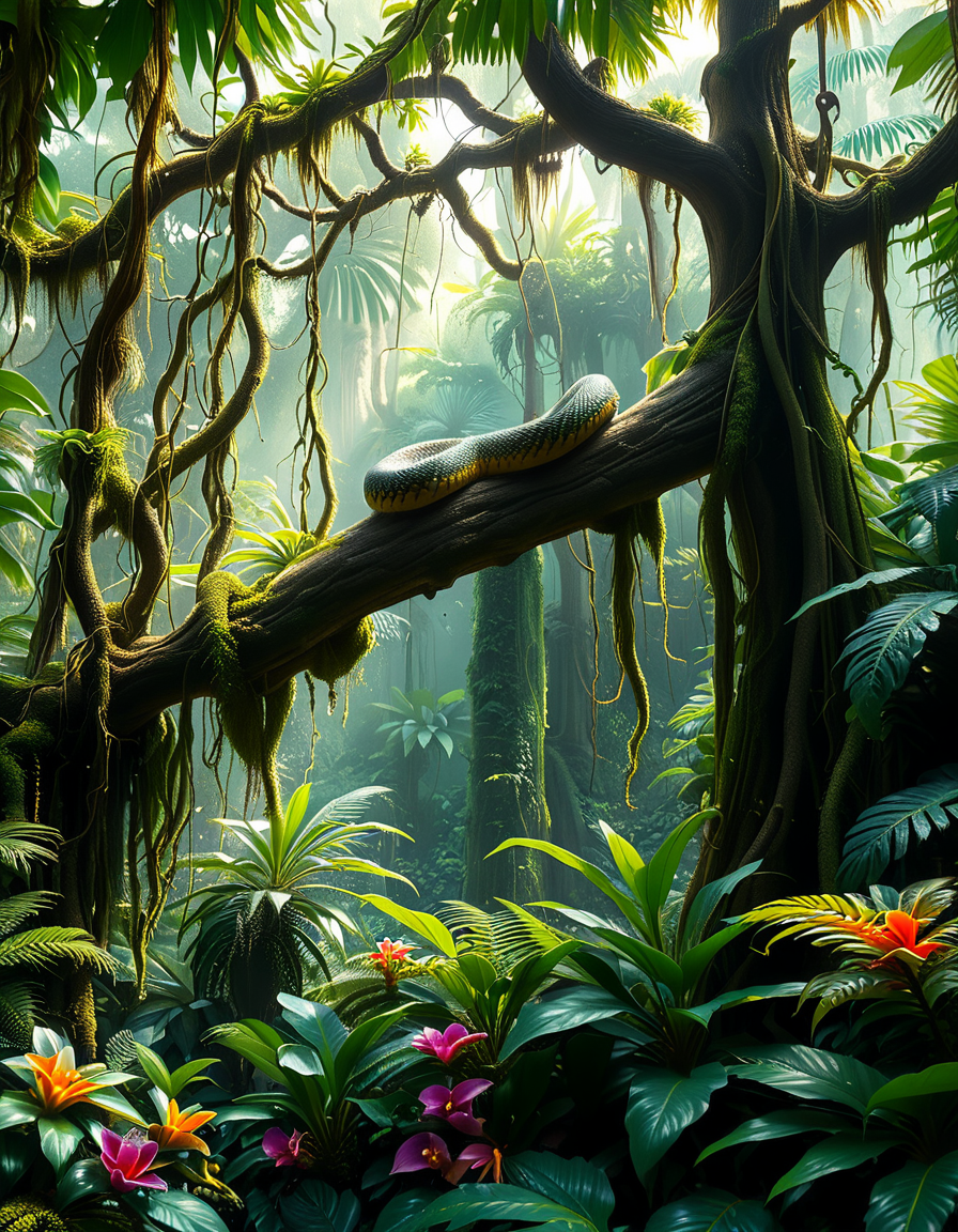 A dense and vibrant jungle,jungl3, captured in a realistic photographic style, with lush green foliage of various tropical plants, tall trees covered in moss and vines, and sunlight filtering softly through the canopy above. The atmosphere feels humid and alive, with small details such as ferns, orchids, and a scattering of tropical flowers in shades of red, yellow, and purple. A narrow, winding dirt path cuts through the undergrowth, partially hidden by fallen leaves and roots. The scene feels immersive and serene, with subtle mist lingering in the distance, enhancing the sense of depth and mystery. The overall lighting is natural, with dappled sunlight creating dynamic shadows on the ground and the surrounding plants.
<lora:jungl3:1><lora:SDXLFaeTastic2400:0.4> <lora:extremely_detailed:0.4> extremely detailed, Masterpiece,best quality,hi res,8k,hi res,8k,award winning,(sharp focus, intricate, highly detailed),