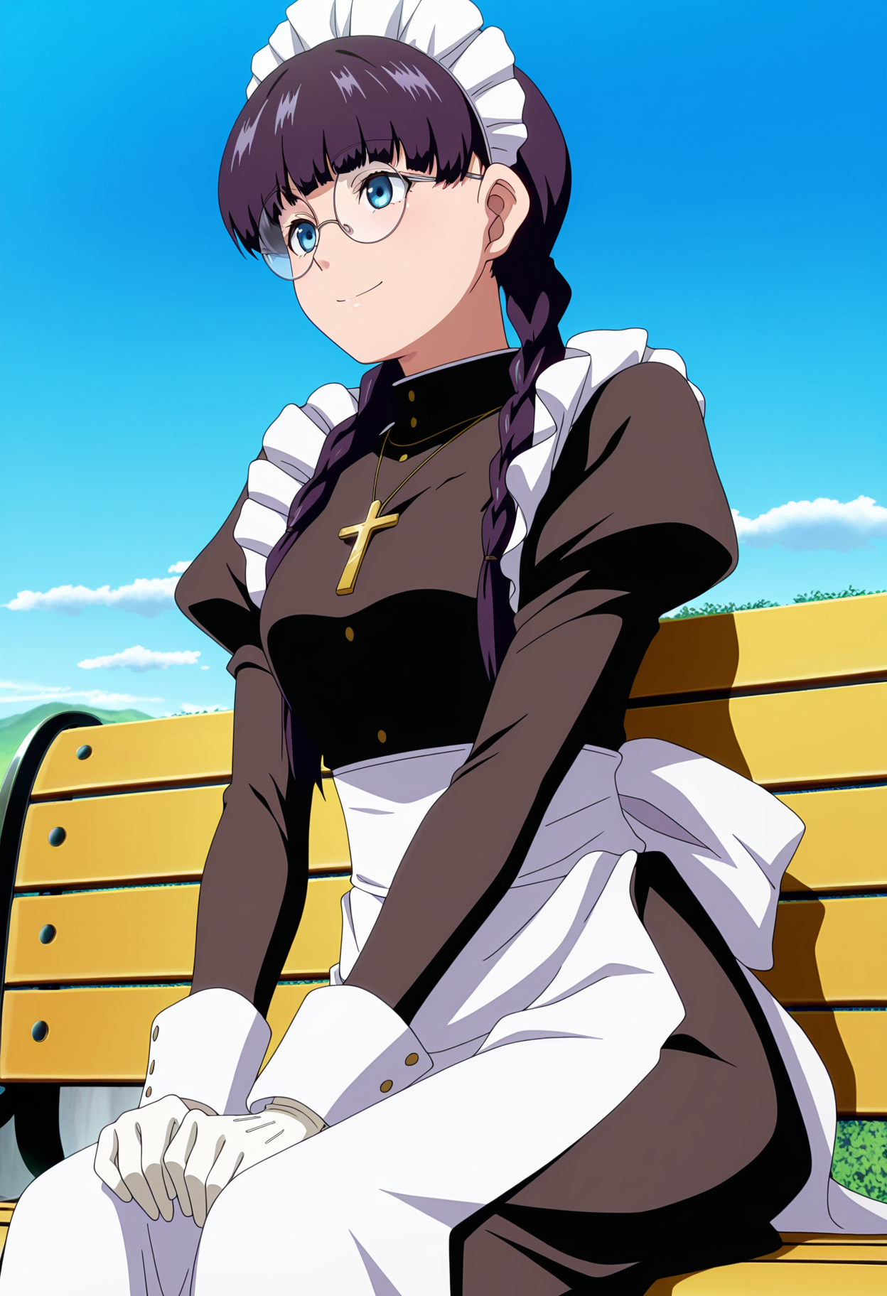 masterpiece, best quality, anime screenshot, anime, 1girl, solo, <lora:Roberta [Illustrious] Black Lagoon:1>, RTE, blue eyes, black hair, twin braids, round eyewear, cross necklace, maid headdress, maid, black dress, long sleeves, juliet sleeves, maid apron, white gloves, outdoors, smile, blue sky, sitting, on bench