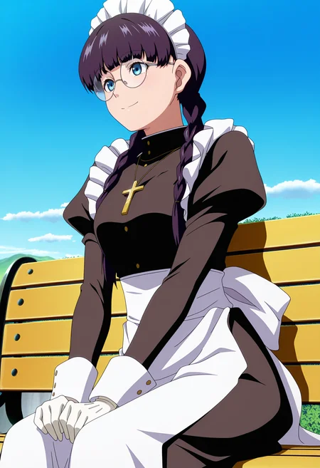 masterpiece, best quality, anime screenshot, anime, 1girl, solo, <lora:Roberta [Illustrious] Black Lagoon:1>, RTE, blue eyes, black hair, twin braids, round eyewear, cross necklace, maid headdress, maid, black dress, long sleeves, juliet sleeves, maid apron, white gloves, outdoors, smile, blue sky, sitting, on bench