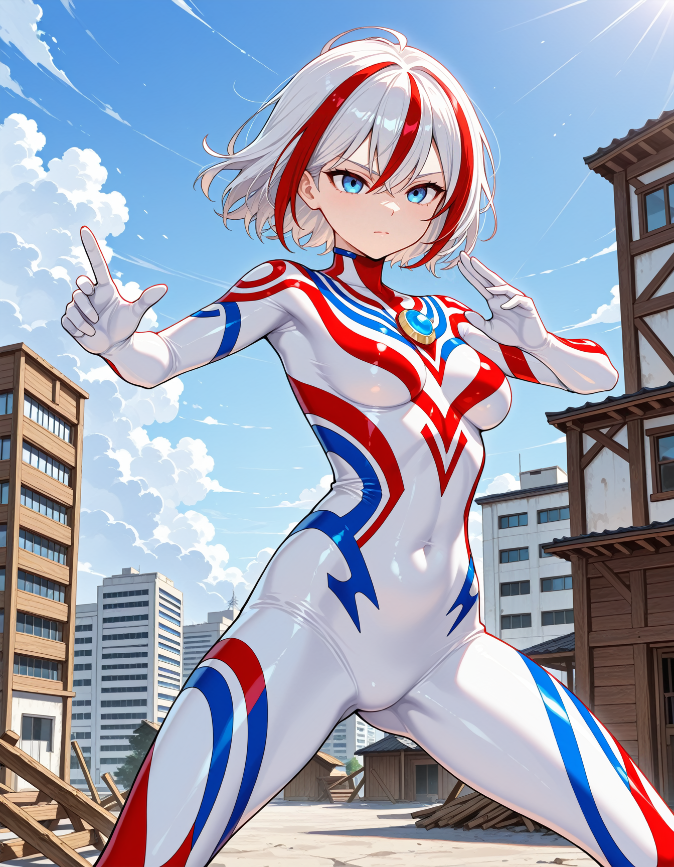 1girl, solo, 
ultragirl, white bodysuit with blue and red intricate patterns, blue gem on chest, standing, stylish pose, fighting stance, streaked hair, serious, 
wood, day, sky, cloud, building, 
masterpiece, best quality, amazing quality, very aesthetic, absurdres,
slender, detailed eyes, detailed hair,
<lora:Ultragirl-ILXL-2:1> <lora:dmd2_sdxl_4step_lora_fp16:1>