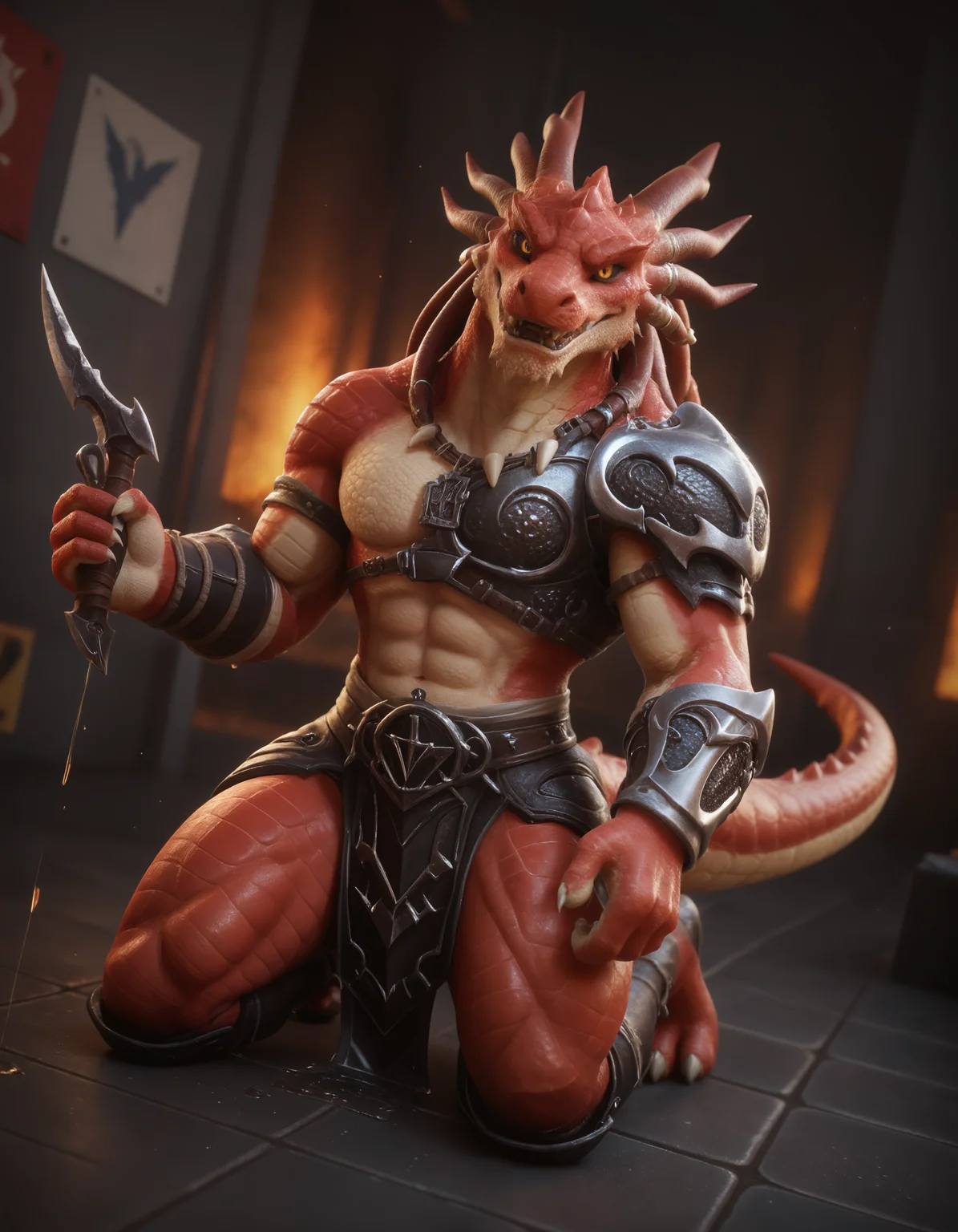 score_9, score_8_up, score_7_up, BREAK (anthro, furry:1.1), depth of field, cinematic lighting, masterpiece, detailed hands, detailed face, best quality, ultra realistic, 4k, 2k, film photography, RAW photo, photorealistic, analog style, subsurface scattering, photorealism, embedding:unaestheticXL_bp5, embedding:zPDXL,(best quality, high quality, 8K:1.5), <lora:add-detail-xl:2.0>, <lora:fix_hands.safetensors:2.0>, <lora:sinfully_stylish_SDXL.safetensors:0.6>, <lora:AdvancedEnhancerXLv2.safetensors:1.0>, (hi res), ((masterpiece)), ((best quality)), illustration, <lora:Salazar_Watcher_of_Realms.safetensors:0.5>, anthro, furry, dragon tail, holding, armor, holding weapon, furry male, fangs, muscular, sharp teeth, (detailed eyes:1.15) (dutch angle, kneeling, cubicle, censoring goo, full-face blush:1.15)