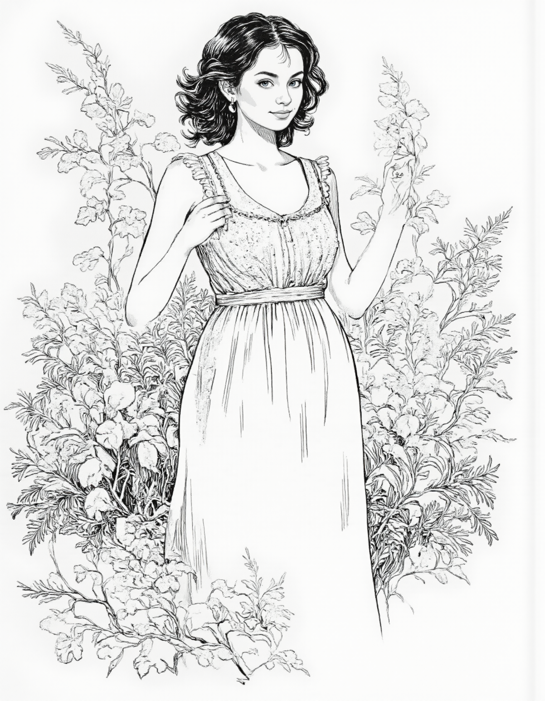 <lora:mig4v:1>, This image is a black-and-white line drawing, likely created with a pen or pencil, of, <lora:Dark_Ghibli:0.8>, masterpiece iconic portrait of pretty mature woman with black hair dressed white summer cotton dress,