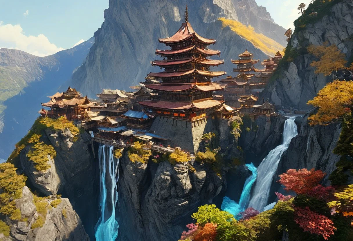 An establishing shot of a fantasy supertower dungeon with focus on an extremely detailed panoramic background view of a vast mountain range with towering backlit peaks, light reflecting through mist, and megastructures on the horizon. Intriguing stunning mysterious epic magical fantasy scene. Hyperrealistic, mixed media, ultra-detailed, ray-traced, award-winning, light leaks, lens flare, volumetric light scattering, subsurface scattering, implied motion, deep depth of field, colorful, complementary colors, color graded