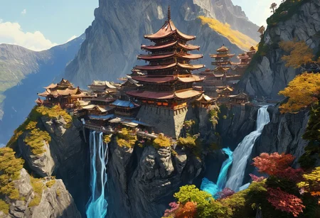 An establishing shot of a fantasy supertower dungeon with focus on an extremely detailed panoramic background view of a vast mountain range with towering backlit peaks, light reflecting through mist, and megastructures on the horizon. Intriguing stunning mysterious epic magical fantasy scene. Hyperrealistic, mixed media, ultra-detailed, ray-traced, award-winning, light leaks, lens flare, volumetric light scattering, subsurface scattering, implied motion, deep depth of field, colorful, complementary colors, color graded