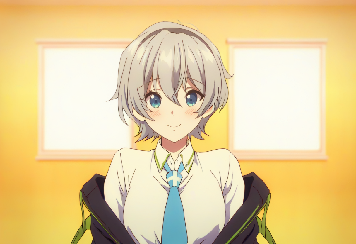 1girl, 
indoors, blush, off shoulder, jacket partially removed, blue necktie, hairband, shirt, collared shirt, short hair, black jacket, looking at viewer, white shirt, smile, grey hair, necktie, upper body, hair between eyes, black hairband, blue eyes, long sleeves,
masterpiece, best quality
 <lora:Musaigen:0.9>