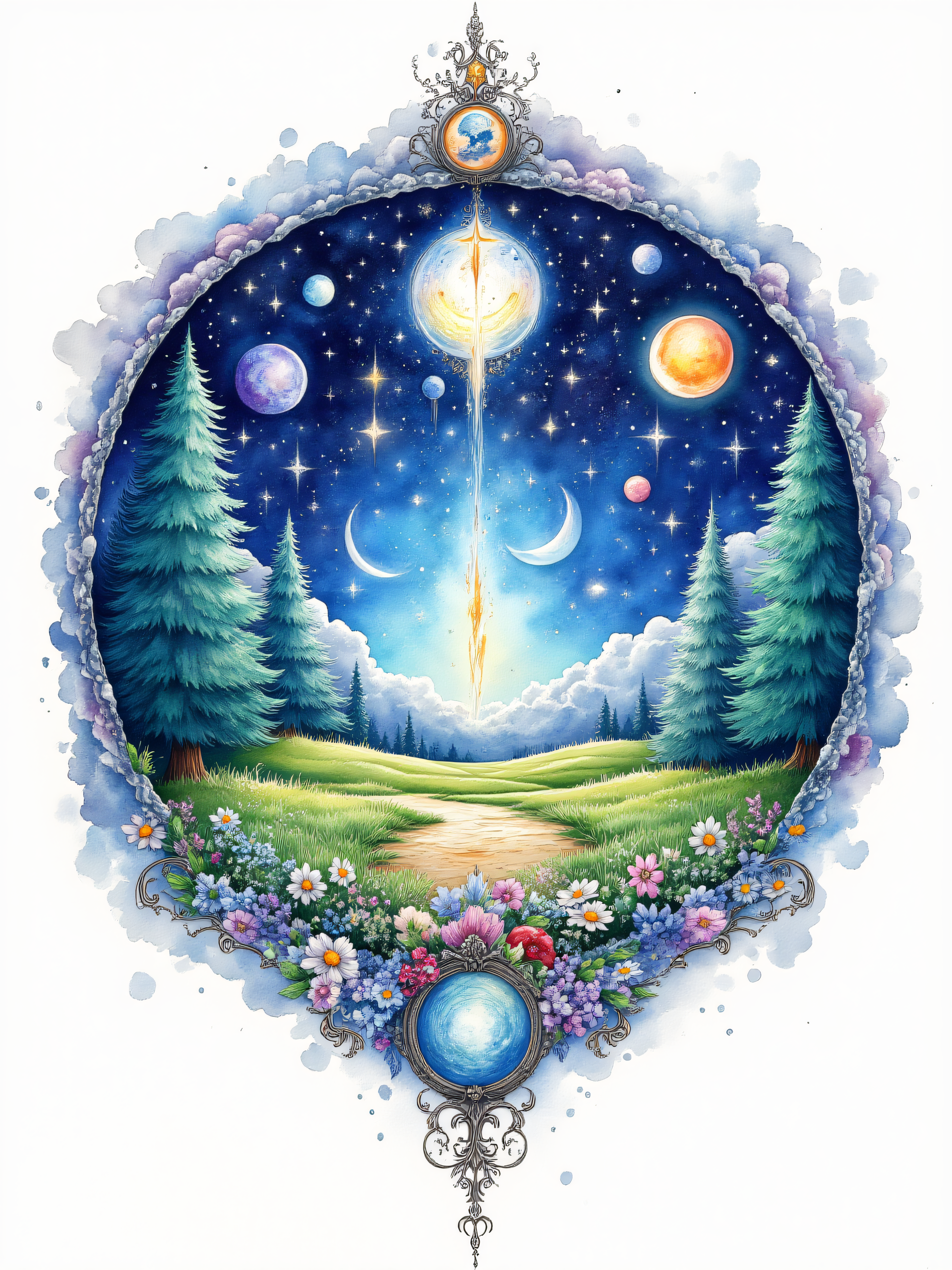 ArsMJStyle, watercolor mystical runes, A watercolor painting of a circle of trees and planets., no humans, tree, flower, moon, sky, star (sky), fruit, traditional media, scenery, painting (medium), crescent moon, white background, simple background, food, night, grass, (intense)