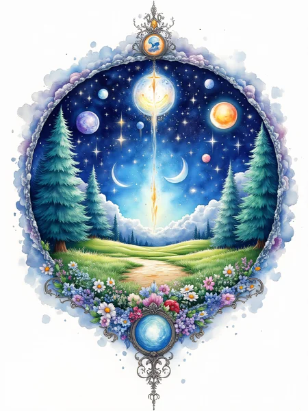 ArsMJStyle, watercolor mystical runes, A watercolor painting of a circle of trees and planets., no humans, tree, flower, moon, sky, star (sky), fruit, traditional media, scenery, painting (medium), crescent moon, white background, simple background, food, night, grass, (intense)