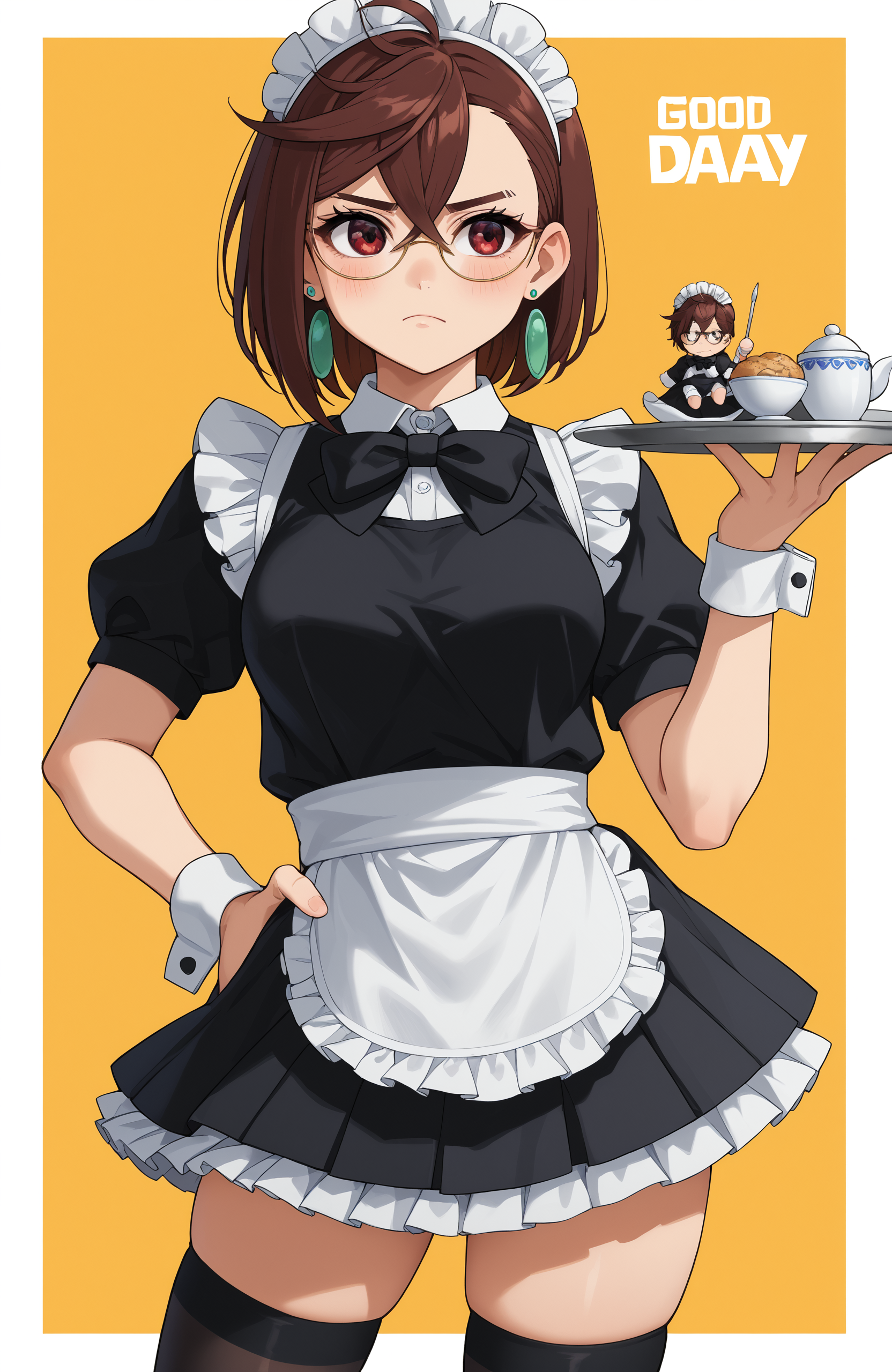 (Score_9,  score_8, score_6, score_7:0.6), masterpiece, best quality, good quality, newest,AyaseM, 1girl, large breasts, looking at viewer, blush, smile, short hair, simple background, skirt, brown hair, 1boy, red eyes, black dress, black thighhighs, miniboy, black bow, hair between eyes, closed mouth, jewelry, standing, puffy short sleeves, cowboy shot, earrings, center frills, alternate costume, glasses, puffy sleeves, black bowtie, mole, chibi, grin, white apron, character name, black jacket, looking to the side, white wrist cuffs, hand on own hip, maid headdress, zettai ryouiki, skindentation, swept bangs, copyright name, white border, frown, short dress, frilled dress, yellow background, waist apron, maid apron, crossed bangs, holding plate, outside border, frilled apron, holding tray, round eyewear, contrapposto, asymmetrical hair, asymmetrical bangs, enmaided, collared dress, character doll, pleated dress, holding doll, maid day,  <lora:Momo_Ayase_-_PDXL:1>âââ